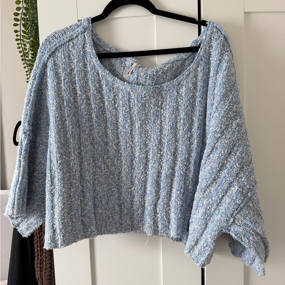 Free People Blue and White Off-the-Shoulder Sweater